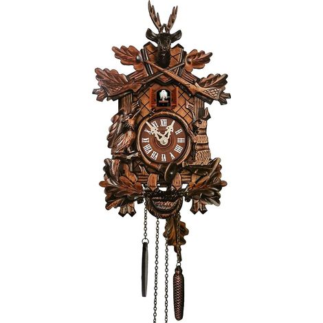 Schwarze Kuckucksuhr, Wood Coo COO zeigt dekorative Wanduhr mit Pendel- und Pflugscharfunktion (1/5)