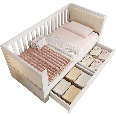 Canapé lit 90x190 cm avec 2 tiroirs de rangement, accoudoirs arrondis et dossier confortable, structure en bois, lit banquette gain de place, blanc (1/5)