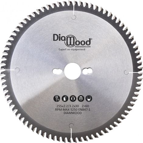Diamwood – Lame de scie circulaire 255 mm Z60 Alt – Pour bois tendre et dur – Coupe fine sans éclats – Carbure HM durable