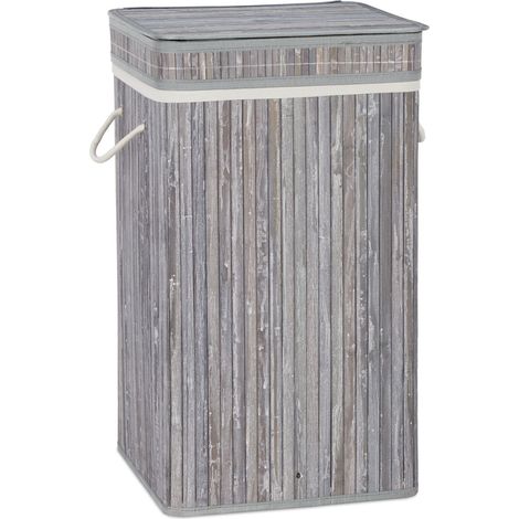 Cesto portabiancheria pieghevole design naturale bagno 70 litri con coperchio in bambù grigio 130006486