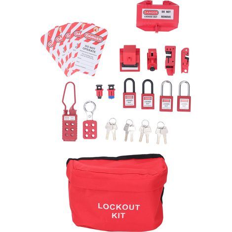 Kit de verrouillage et d'étiquetage électrique, loquets, bouchons, serrures de sécurité, étiquettes suspendues, clés et sac de rangement (1/5)