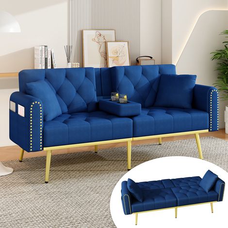 Canapé convertible 2 places 175 x 80 x 73,5 cm - Velours bleu - Dossier 3 positions, porte-gobelet, 2 coussins (1/5)