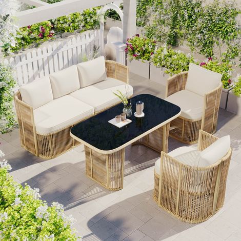 Ensemble de mobilier de jardin 4 pièces en rotin canapé 3 places 2 fauteuils et une table en verre coussin de siège moelleux Beige (1/5)