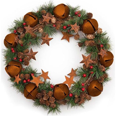 40cm Bells Stars Pine Green Christmas Wreath (1/3)