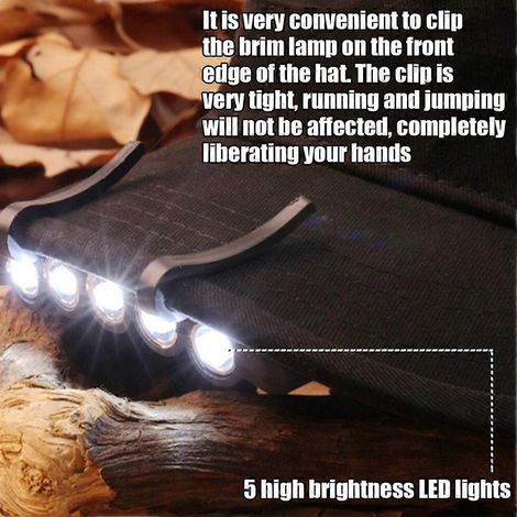 Lampe frontale à 5 LED avec pince pour chapeau, visière et volant, lampe de poche pour la pêche, le camping et la chasse en extérieur. (1/5)