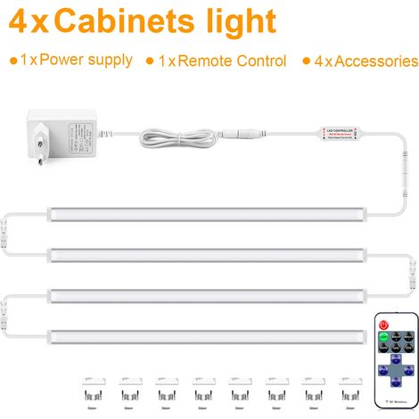 (4 bandes, lumière blanche, 50 cm) Éclairage LED dimmable pour meubles avec télécommande, bandeaux lumineux en aluminium (1/4)