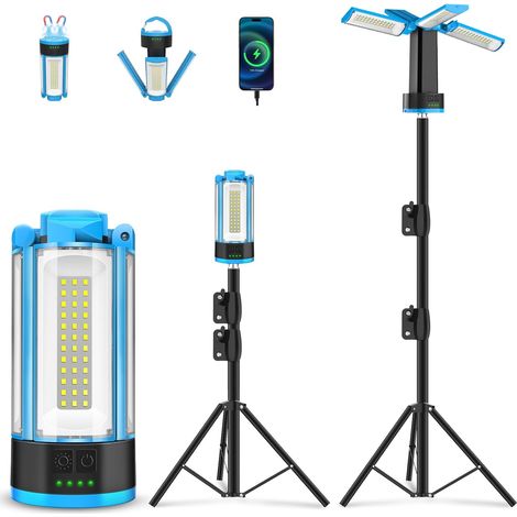 Lampe Chantier LED Rechargeable avec Trépied Extensible, 10400mAh Projecteur LED Rechargeable avec Port USB/Type-C, 6000K Haut/Moyen/Bas/SOS Modèle Lampe de Travail Pour Camping Garage Chantier (1/5)