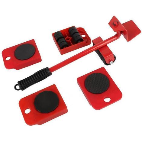 Juego de asas para muebles y carro con ruedas (juego de 5 piezas) para mover objetos pesados, color rojo. (1/4)