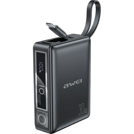 AWEI Powerbank mit integriertem Kabel P87K 10000mAh schwarz/schwarz 30W (1/5)