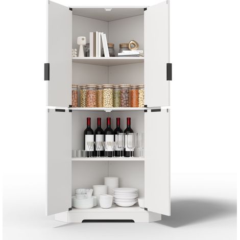 Armoire d'angle 4 portes, meuble de rangement avec étagères réglables, buffet d'angle pour cuisine et salon, 60x60x172 cm, Blanc (1/5)
