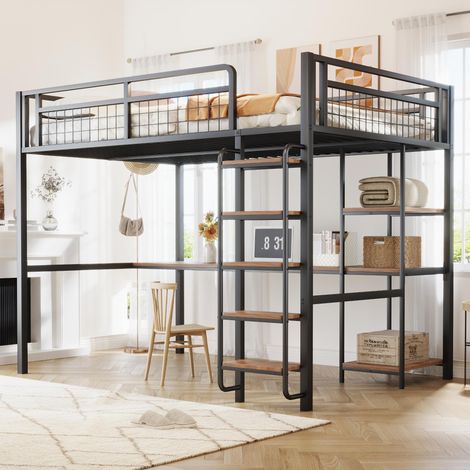 Lit mezzanine 140x200 cm, avec échelle sécurisée, bureau et étagères, barrières de protection en métal, noir, sans matelas (1/5)