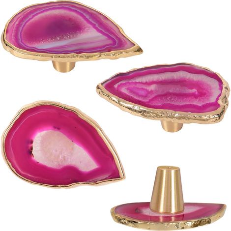 Lot de 4 Poignées de Tiroir en Tranches d'Agate Irrégulière avec Vis, Boutons en Pierre de l'Armoire, Tirette de Penderie Manche Vintage en Agate Bordé d'Or pour Placard Commode Meuble, Rose (1/5)