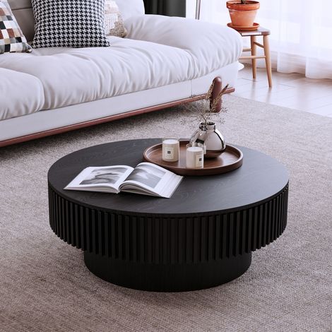 Couchtisch rund Schwarz mit Stauraum, MDF und Holz, geriffeltes Design