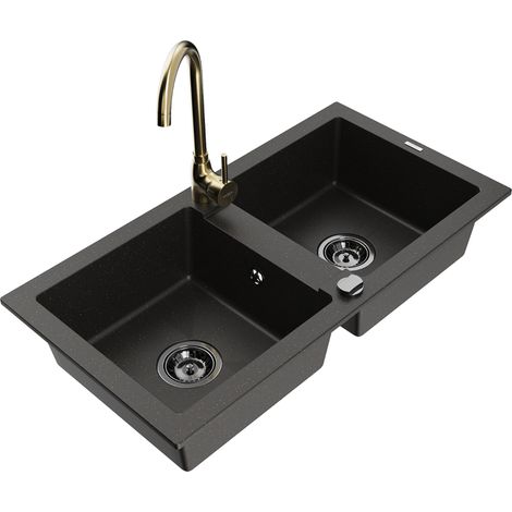 Mexen Mario lavello in granito a 2 vasche con rubinetto da cucina Telma, nero/oro - 6504-75-670200-50-B (1/5)
