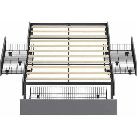 Lit double 140x190 cm, sommier à lattes, 3 tiroirs, structure métallique, charge maximale 363 kg, gris (1/5)