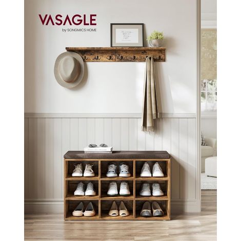 VASAGLE Panca Scarpiera, Scarpiera con Seduta, Scarpiera Ingresso con Cuscino e 9 Scomparti, Ripiani Regolabili, Corridoio Soggiorno, 30,3 x 78,5 x 48 cm, Marrone Vintage (1/5)