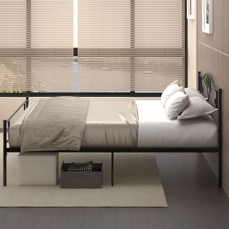 Estructura de cama de acero tamaño Queen, 145x211x106cm, con somier de láminas y cabecero integrados, espacio de almacenamiento inferior, color negro.