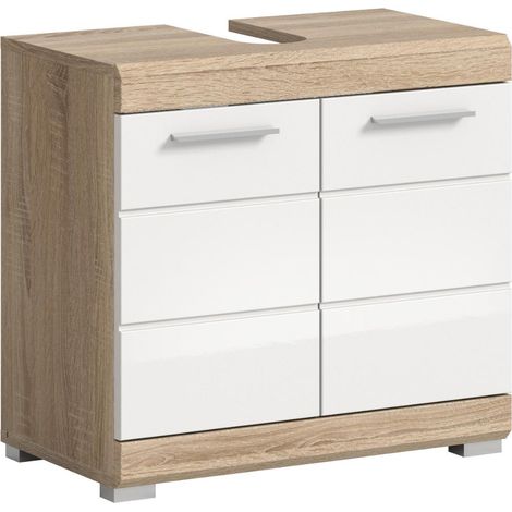 Lambada Waschbeckenunterschrank 2 Türen Weiß hochglanz, Eiche Dekor.