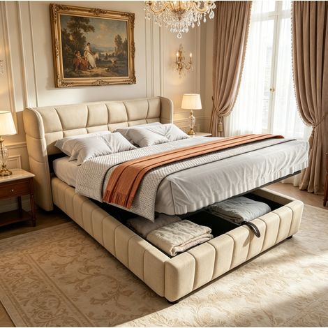 Cama tapizada moderna 140x200 cm con cabecero, arcón elevable, tela beige, somier de láminas (1/5)