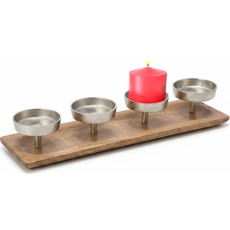 Porte-bougies de l'Avent en mangue avec 4 assiettes à bougies en aluminium - env. 38x12 cm