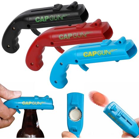 Lot de 3 Pistolets à Capsules Décapsuleurs Amusants, Ouvre-Bouteille Créatif avec Lanceur de Capsule pour Bière et Boissons, Accessoire de Bar Idéal pour Fêtes et Soirées (Bleu, Noir, Rouge)