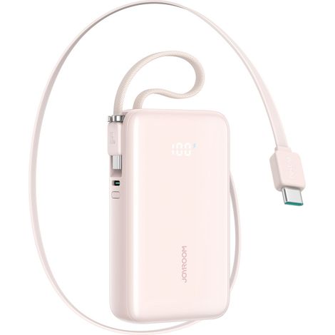 Batería externa de 10000 mAh y 35 W con cable USB-C retráctil y cordón USB-C - Rosa