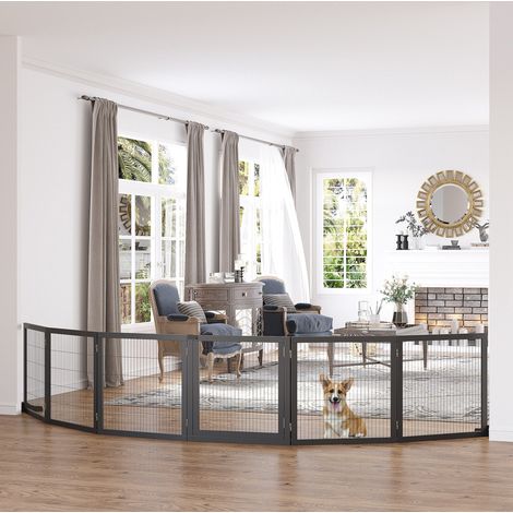 Barrière de sécurité pour chien pliable 432 × 36 × 70 cm, en bois de pin et acier noir, avec portillon verrouillable et pieds de support - CHICFURN (1/5)