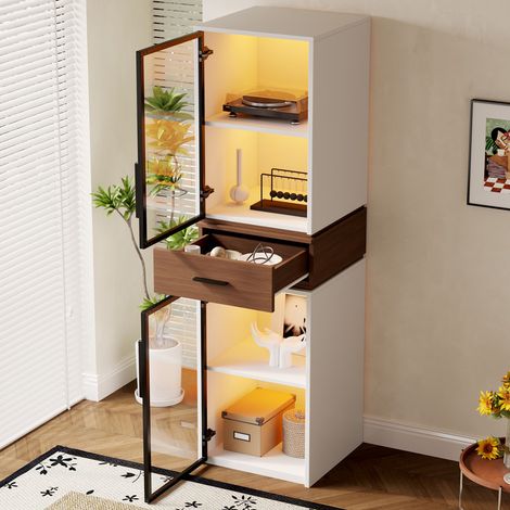 Vitrine avec éclairage LED 40×40×200 cm, meuble blanc – Meuble de rangement 2 portes en verre et 1 tiroir – Pour salon, bureau et salle à manger