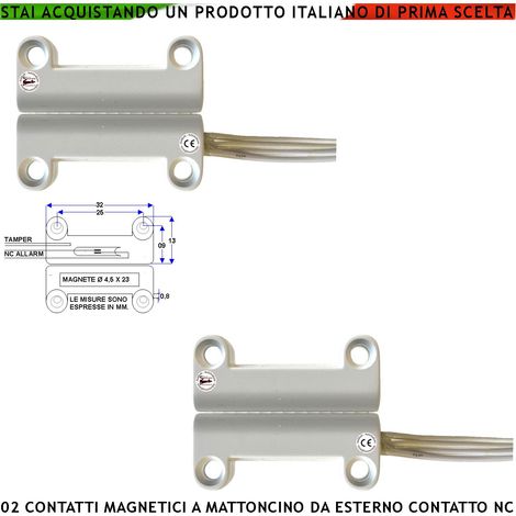 Sensore Magnetico da Esterno 2 Pezzi Per Antifurto Finestre Infissi Contatto Reed NC Ampolla Sottovuoto Sensibilità Magnetica 13 mm Tensione Max 30 V Carico Resistivo 1 A IP65 4 Fili 2 NC e 2 Tamper (1/2)