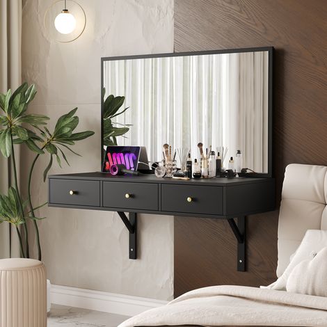 Coiffeuse suspendue avec miroir 100x45x105cm - 3 tiroirs et prise de courant - avec emplacement pour carte de tablette et porte-gobelet - Noir