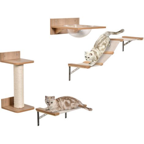 Set für Katzen mit Kratzbaum, Katzentreppe & Hängematte, Hellbraun, Sisal, Acryl, Kiefer, avec poignées en métal résistant (1/5)