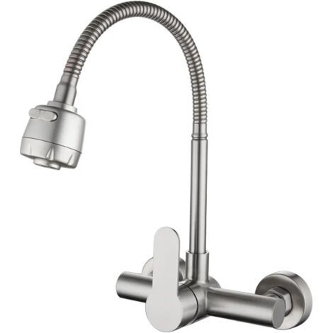 Robinet de cuisine mural en acier inoxydable à double trou, mitigeur eau chaude et froide, 2 modes, rotation à 360°, pulvérisateur