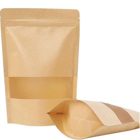 50 pièces Sac en Papier Kraft Zip Petit Sac en Papier avec fenêtre Sac ziplock Alimentaire-adapté aux graines de thé de café de Fruits secs (9X15cm) (1/5)