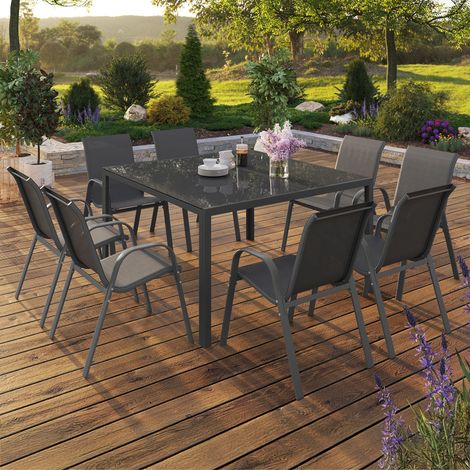 Conjunto de muebles de jardín MADRID Mesa cuadrada de 130 cm y 8 sillas apilables gris antracita