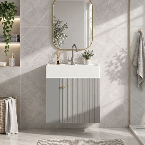 Meuble salle de bain suspendu 55 cm avec vasque céramique, meuble sous vasque gris et blanc, rangements latéraux, Soft-Close (1/5)