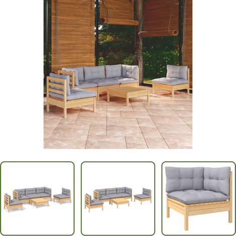 Terrassensofa - 6-tlg. Garten-Lounge-Set mit Grauen Kissen Kiefer Massivholz (1/5)