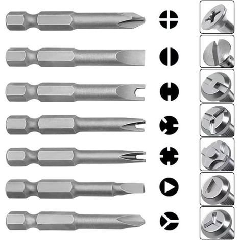 Lot de 13 embouts de tournevis spéciaux en acier magnétique hexagonaux 1/4", cruciformes, en U, en Y, à trois points (1/4)