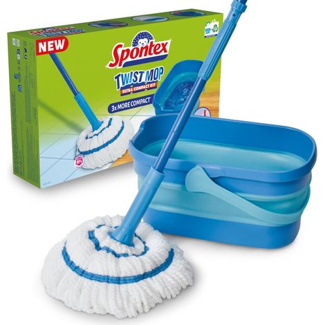 Spontex Sistema Compact Twist Mop e Secchio, Lavapavimenti in Microfibra, Sistema di Strizzatura Integrato, Secchio Pieghevole, 10 l, Pulisce Pavimenti in Laminato, Legno e Piastrelle, Testa Lavabile (1/5)