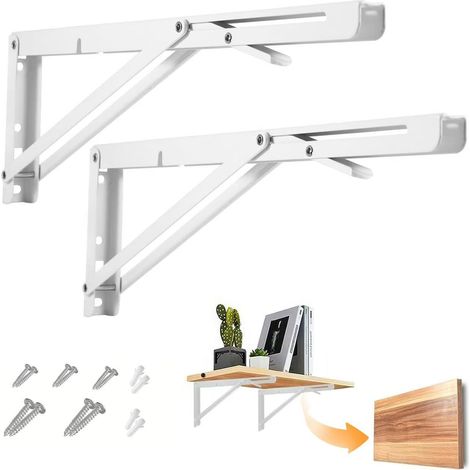 Support triangulaire en 2 pièces - 35 cm, support d'étagère pliable, fixation murale facile, blanc (1/5)