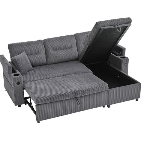 GagaCanape lit 3 places en velours cotele, USB-C, chaise longue, rangement, gris charbon (1/5)
