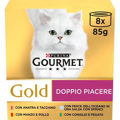 GOURMET Gold Doppio Piacere Cibo Umido per Gatti Adulti Bocconcini con Manzo, Pollo, Coniglio, Fegato, Pesce dell'Oceano, Anatra e Tacchino 96 Lattine da 85g (1/5)