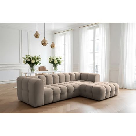 Ecksofa Designersofa SOLVIE in Stoff Tiffani Taupe Ottomane Rechts