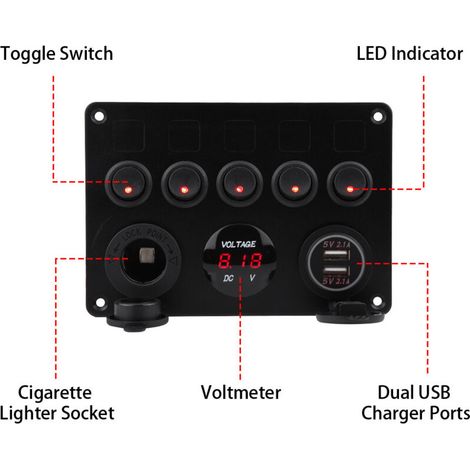 5-fach Wippschalterpanel (12–24 V) mit zwei USB-Anschlüssen und Voltmeter für Auto, Boot, LKW