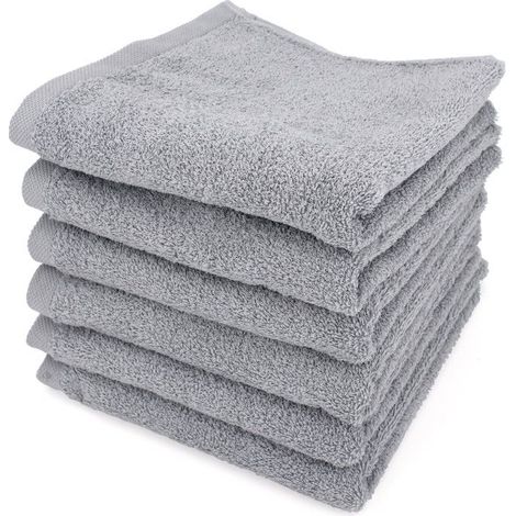 6 serviettes de toilette, 50x90 cm, 100 % coton, 400 g/m2, finition liteau, gris argent, pour salle de bain (1/5)