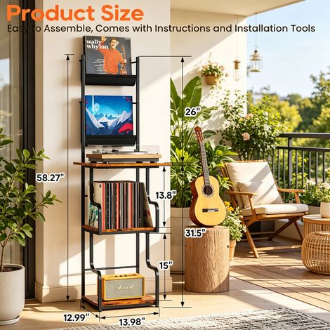 Record Storage Holder CD Rack, Holds Up to 200 Records with Display Shelf, Compact Vinyl Record Organizer Shelf Unit (1/5)