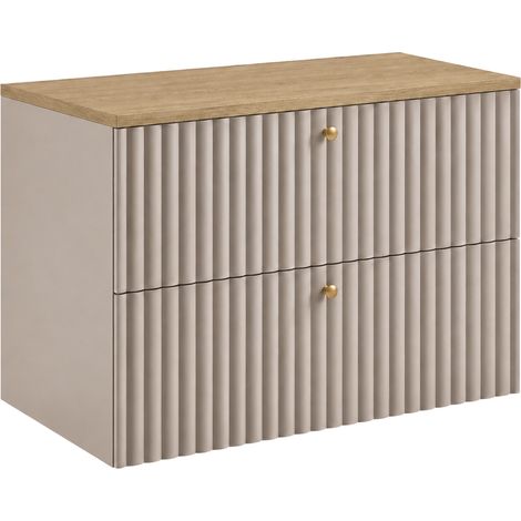 Mobile sottolavabo sospeso 80 cm, 2 cassetti, con piano, chiusura ammortizzata, Cashmere / piano Rovere Chiaro, maniglie dorate, 80 x 44,4 x 58,6 cm (1/5)