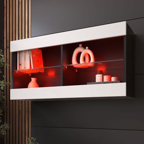 Komodee Vitrine Suspendue Tivoli Horizontal 100, Noir/Blanc, LED RGB, Largeur 100cm x Hauteur 50cm x Profondeur 29,5cm, 2 étagères en verre, pour Salon, Chambre (1/5)