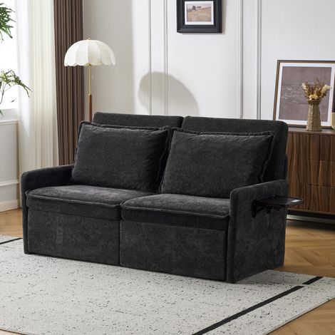 Divano letto 172,5x71x95 cm nero in ciniglia con schienale regolabile, USB/Type-C e tasche laterali (1/5)