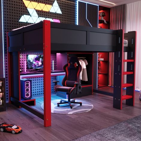Lit mezzanine 140/200 cm noir et rouge en pin avec bureau, armoire et éclairage à DEL (1/5)
