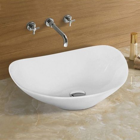 Rue Du Bain – Vasque à poser ovale en céramique blanche 54x43 cm – Forme asymétrique – Sans trop plein – Pour robinetterie murale (1/5)